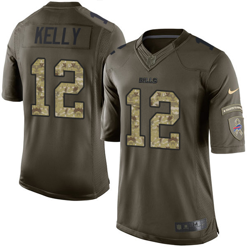 Men's Elite Jim Kelly Nike Jersey Green - #12 Salute to Service NFL Buffalo Bills